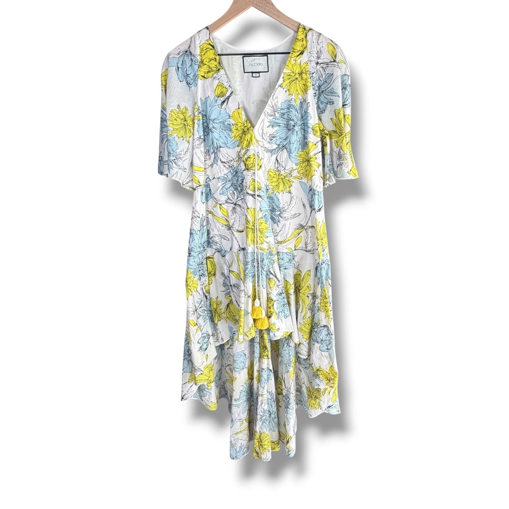 Alexis Idella High Low Dress Womens Small White Yellow Blue Floral Garden Party